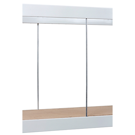 Close-up of a white shelf bracket with wooden panel and steel cables as demarcation.