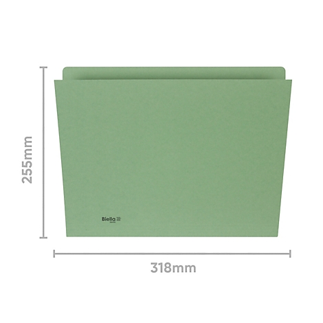 Hellgrüne Aktenmappe, die 255mm hoch und 318mm breit ist, mit Label.