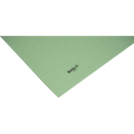 Hellgrüne Blätter, das Logo von Biella. Ein Stapel Papier, leicht schräg, vor weissem Hintergrund.