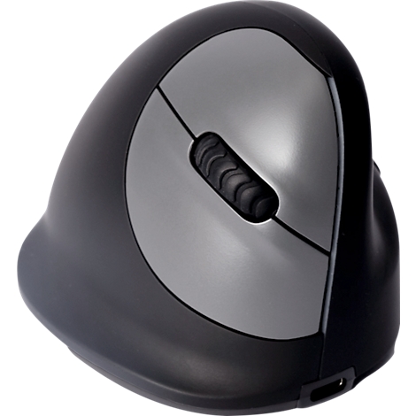 Ergonomische Maus in Schwarz und Grau mit Scrollrad. Vertikales Design, zur Handhaltung.