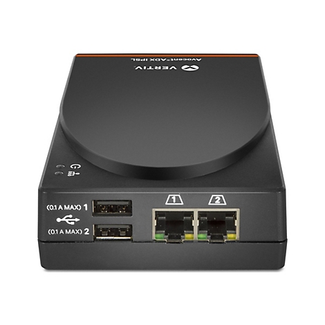 Ein schwarzes elektronisches Gerät mit USB-Anschlüssen, Netzwerkkabeln und Beschriftungen. Das Gerät trägt das Logo von Vertiv.