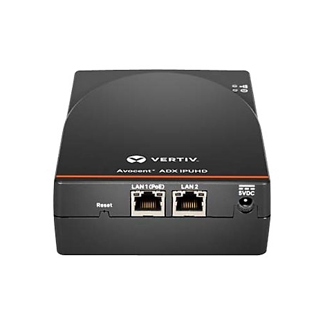 Schwarzer Netzwerk-Extender mit LAN-Anschlüssen, Beschriftung: Vertiv, Avocent. Zwei Anschlüsse, Reset-Taste und Stromanschluss.