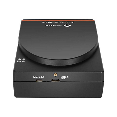 Schwarzes elektronisches Gerät mit kreisförmiger Oberseite und Anschlussmöglichkeiten wie Micro-AB und USB-C.