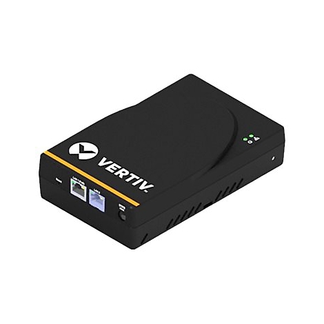 Schwarzes Vertiv-Gerät mit gelbem Streifen und Anschlüssen. Logos und Beschriftung "Vertiv" sind deutlich sichtbar.