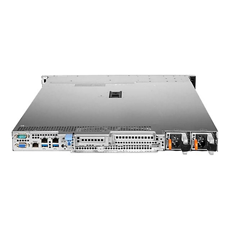 Rückseite eines Servers in Silber mit Anschlüssen und Netzteilen.