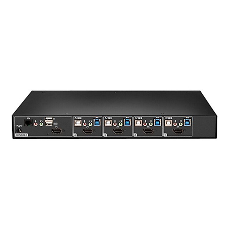 Schwarzer KVM-Switch mit Anschlüssen für USB, HDMI und weitere Schnittstellen.