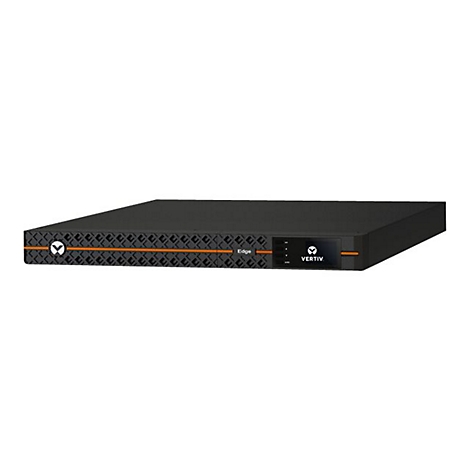 Serveur noir avec des touches d'orange et le logo 'VERTIV'. Lettrage 'Edge' visible.