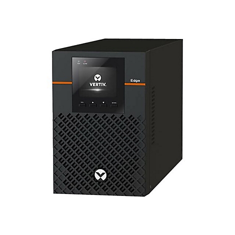 Appareil informatique noir avec Ã©cran et logo Vertiv. Le mot Edge et une bande orange sont visibles.
