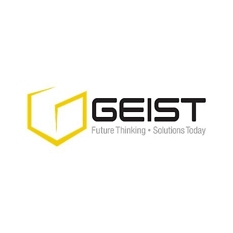 Logo der Firma GEIST, mit gelbem Kubus und Text: Future Thinking • Solutions Today.