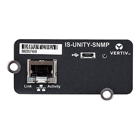Schwarzes Netzwerkmodul mit Anschlüssen, Beschriftungen und Firmenlogo. Anschlüsse: RJ45, USB. Schriftzug: IS-UNITY-SNMP. Vertiv Logo.