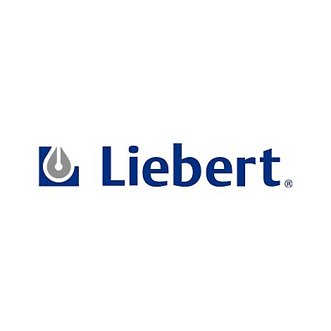 Logo der Firma Liebert, blaues Wortbild mit einem abstrakten Icon.