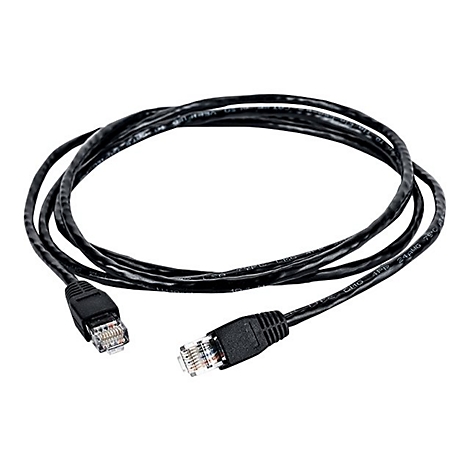 Schwarzes Netzwerkkabel mit Steckern an beiden Enden; liegt gekrümmt auf weißem Grund.