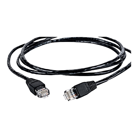 Ein schwarzes Netzwerkkabel mit RJ45-Steckern auf weißem Hintergrund.