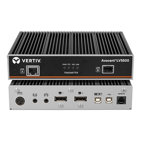 Zwei schwarze, rechteckige Geräte mit Anschlüssen, übereinander angeordnet. Auf dem oberen Gerät steht "VERTIV" und "Avocent®LV5500".