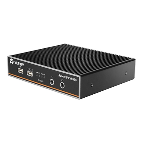Ein schwarzes, rechteckiges Gerät mit geriffelter Oberseite. Links ist das Vertiv-Logo zu sehen, daneben USB-Anschlüsse und Lichter. Beschriftung: Avocent LV5520.