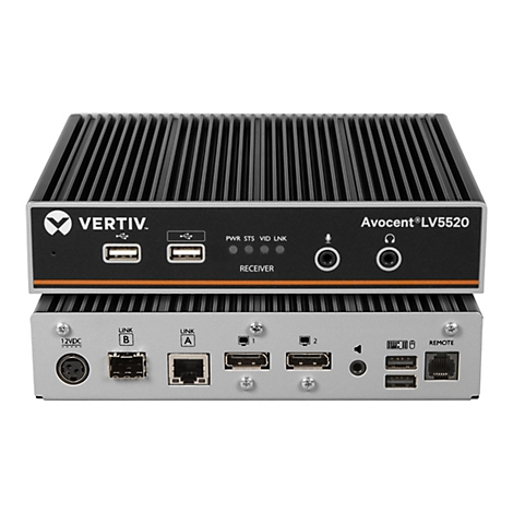 Zwei graue elektronische Geräte, eines oben auf dem anderen gestapelt. Oben ist ein Gerät mit schwarzen Lamellen und der Aufschrift VERTIV und Avocent LV5520.