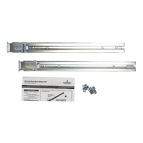 Zwei silberfarbene Schienen, eine Anleitung und Befestigungsteile. Auf der Anleitung steht: LRA LCD Short Rack Adaptor Kit.