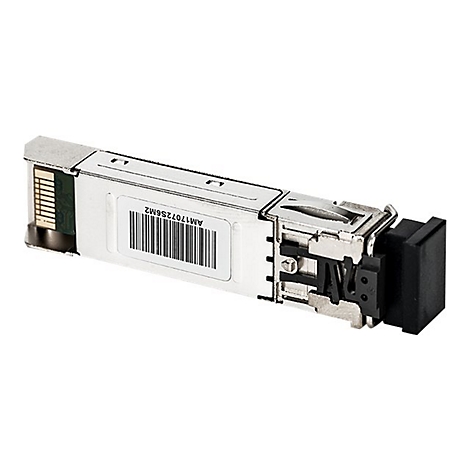 Ein silberner SFP-Transceiver. Auf einem Aufkleber steht AM1707256M2.