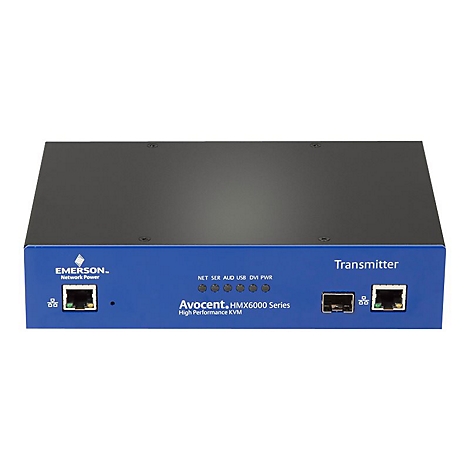 Blauer KVM-Sender mit schwarzen Gehäuseteil. Beschriftung: Emerson, Avocent HMX6000 Serie, Transmitter.