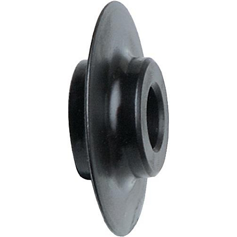 Zwart metalen onderdeel met een platte, ronde schijf en een cilindrisch midden met een gat.