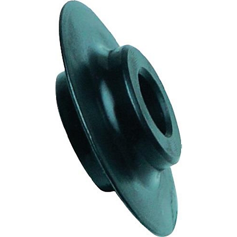Zwart, ringvormig object, waarschijnlijk een machineonderdeel. Het heeft een ronde opening en een platte, plaatachtige vorm.