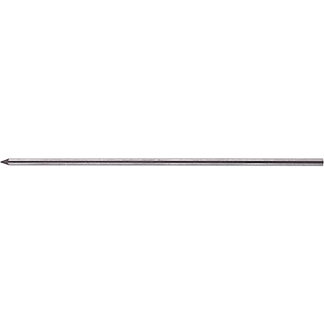 Close-up van een metalen pen of staaf. Het oppervlak is zilverkleurig en heeft fijne horizontale lijnen.
