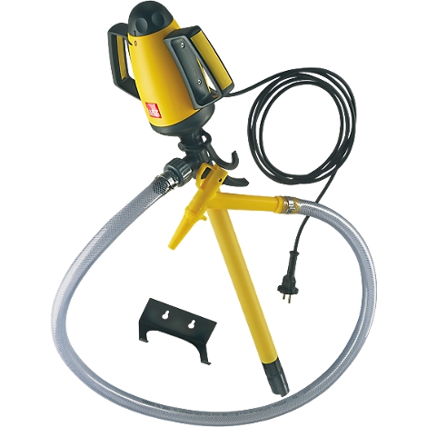 Yellow gun with hose and holder.
