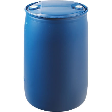 Blue plastic barrel, lid with two white closures. Vertical structure, neutral background.