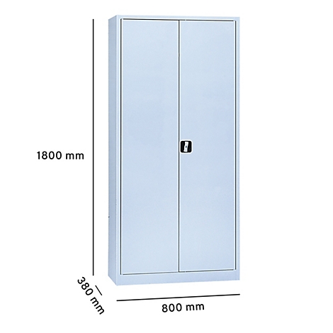 Classeur bleu clair à deux portes, poignée noire, dimensions : 1800 x 800 x 380 mm.