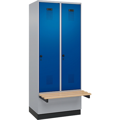 Casier bleu et gris avec deux portes et un banc.