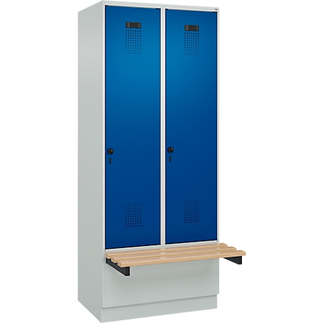 Vestiaire bleu à deux portes avec banc.