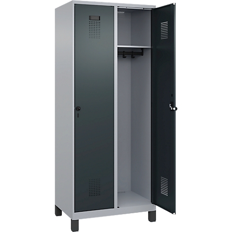 Casier à deux portes, une porte ouverte, éléments gris et anthracite.