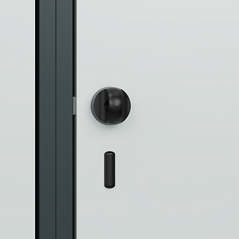 Gros plan d'un bouton de porte et d'une goupille en métal noir fixés à une porte, sur fond blanc.