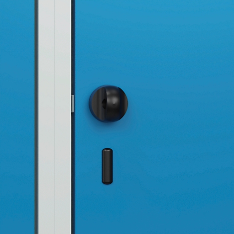 Porte d'armoire bleue avec bouton et poignée noirs.