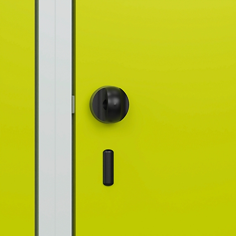 Gros plan sur une porte jaune-vert avec bouton noir et serrure à barre. Cadre de porte blanc à gauche.
