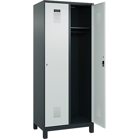 Casier gris avec porte blanche, une porte ouverte, intérieur visible.