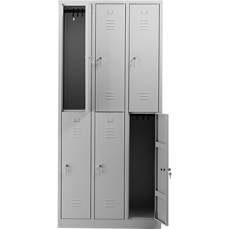 Vestiaire métallique gris à six compartiments, certaines portes sont ouvertes, d'autres fermées.
