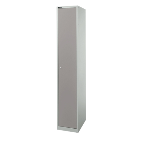 Armoire en acier grise avec une porte et une petite serrure, sur fond blanc.