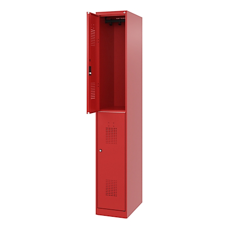 Casier rouge à deux niveaux, porte supérieure ouverte, porte inférieure fermée.
