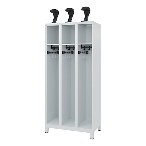 Armoire blanche à trois compartiments. Chacun avec un bouton noir en haut et des crochets pour suspendre en dessous.