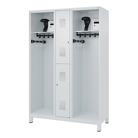 Casier blanc, deux compartiments, compartiment central, porte-manteau, casque, casiers.