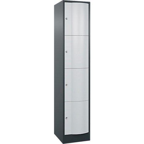 Armoire grise et argentée avec quatre portes. Les portes ont un bord inférieur arrondi.