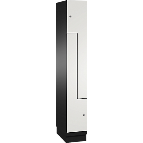 Armoire avec façade noire et blanche, prise de vue détaillée.