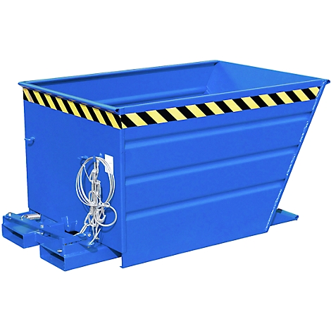 Blue tipping skip with yellow and black warning tape. Hooks with wire rope on the side. Tipping skip is slightly inclined.