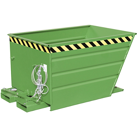 Green bin with black and yellow warning tape, ribbed sides, bracket with chain.
