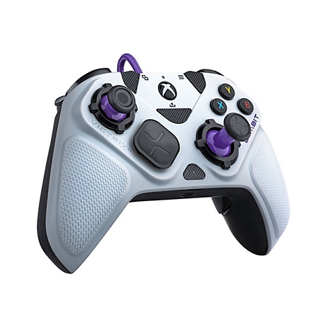 Weiß-grauer Victrix Gambit Xbox-Controller mit violetten Akzenten und Kabel.