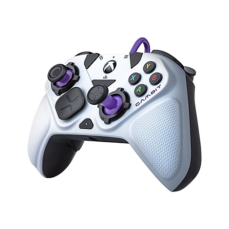 Weiß-grauer Xbox-Controller mit lila Akzenten. Aufschrift Gambit.