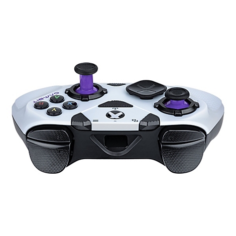 Weißer Gaming-Controller mit schwarzen und lila Akzenten. Auf dem Controller sind Buttons für Xbox-Spiele erkennbar.