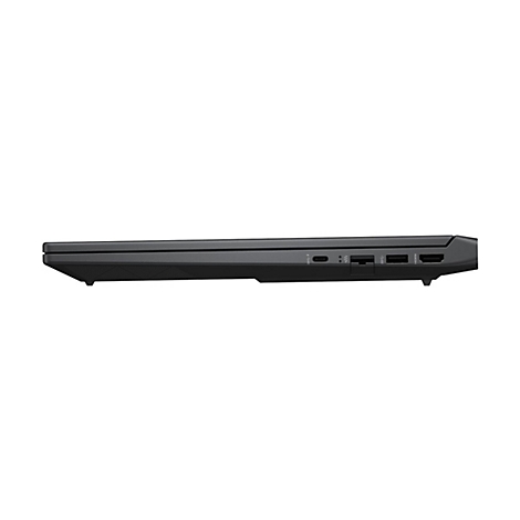 Schwarzes Laptop-Seitenprofil mit Anschlüssen: USB-C, USB, HDMI.