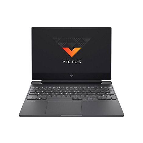 Schwarzer Laptop, Victus-Logo auf dem Bildschirm, Tastatur mit beleuchteten Tasten.